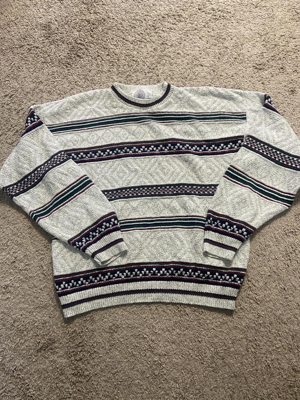 Cape Isle Knitters Sweater Mens Large Gray Fair Isle Cotton Crewneck Pullover